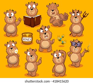 Big collection of bear character with different emotions and poses on yellow background