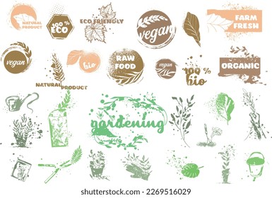 Big collection of bio, vegan, organic, raw, eco and healthy logos, labels, icons and badges. Hand drawn vector set. Colored trendy illustration. Great effect structure. Universally usable.