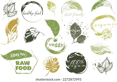 Gran colección de logotipos, etiquetas, íconos e insignias biológicos, veganos, orgánicos, crudos, ecológicos y saludables. Conjunto de vector dibujado a mano. Ilustración de moda de colores. Gran estructura de efecto. Universalmente utilizable.