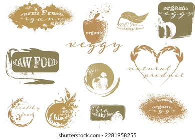 Big collection of bio, vegan, organic, raw, eco and healthy logos, labels, icons and badges. Hand drawn vector set. Colored trendy illustration. Great effect structure. Universally usable.