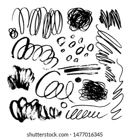 Big collection of black brush strokes, lines, grunge curly elements. Vector ink illustration. Isolated on white background. Freehand drawing. Dry smears doodle set