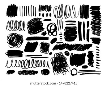 Big collection of black brush strokes, lines, grunge curly elements. Vector ink illustration. Isolated on white background. Freehand drawing. Dry smears doodle set