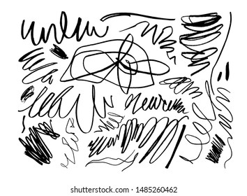 Big collection of black brush strokes, lines, grunge curly elements. Vector ink illustration. Isolated on white background. Freehand drawing. Dry smears doodle set