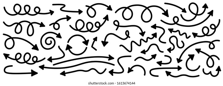 Big collection of black curved doodle arrows isolated on white background. Vector cartoon signs.