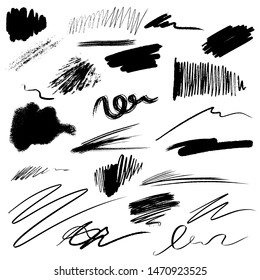 Big collection of black ink brush strokes and stains. Vector grunge splatter marks isolated on white background. Artistic backdrop for logos, banners and headline.