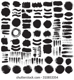Big collection of black ink brush strokes. Vector grunge splatter stains isolated on white background. Artistic backdrop for logos, banners and headlines.