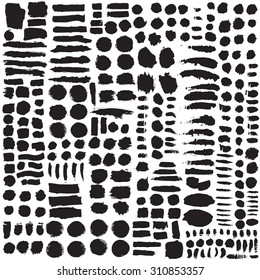 Big collection of black ink brush strokes. Vector grunge splatter stains isolated on white background. Artistic backdrop for logos, banners and headlines.