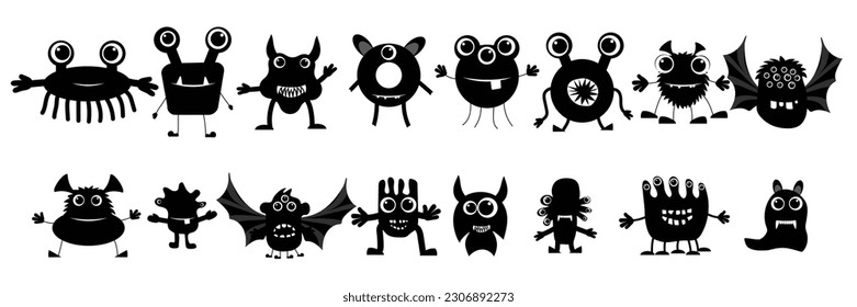 Big collection of black monsters. Set of monochrome black monsters, isolated on white background. Vector illustration.