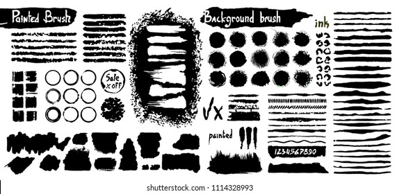 Big collection of black paint, ink brush strokes, brushes, lines, grungy. Dirty artistic design elements, boxes, frames. Vector illustration. Isolated on white background. Freehand drawing.
