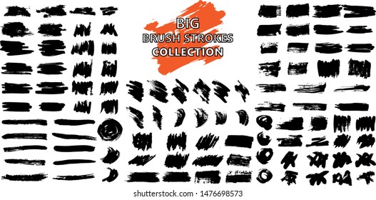 Big collection of black paint, ink brush strokes, brushes, lines, grungy. Dirty artistic design elements, boxes, frames. Vector illustration. Isolated on white background.