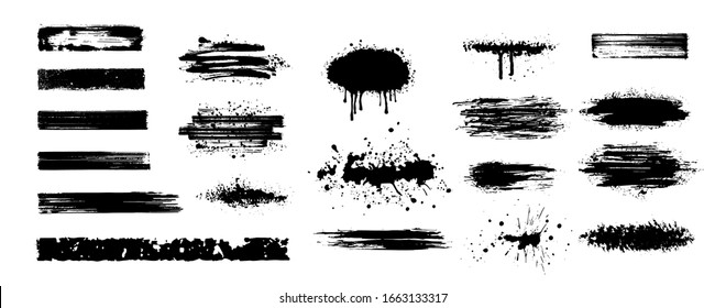 Big Collection of black paint, ink brush strokes, brushes, lines. Dirty artistic design elements. High quality manually traced. Black inked splatter dirt stain splatter spray splash with drops blots.