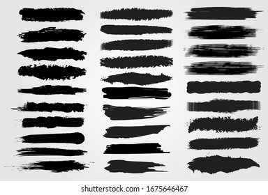 Big collection of black paint, ink brush strokes, brushes, lines, grungy. Dirty artistic design elements, boxes, frames. Vector illustration. Isolated on white background.