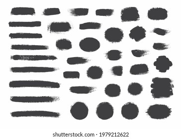 Big collection of black paint, ink brush strokes, brushes, lines. Dirty artistic design elements, boxes, frames. Vector illustration. Isolated on white background. Freehand drawing.