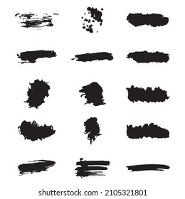 Gran colección de pintura negra, trazos de pincel de tinta, pinceles, líneas. Elementos de diseño artístico sucio, cajas, marcos. Ilustración vectorial. Aislado sobre fondo blanco. Dibujo a mano libre.