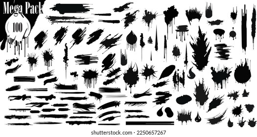 Big collection of black paint, ink brush strokes, brushes, lines, grunge. Artistic design elements. Vector illustration. Isolated on white background. Freehand drawing.