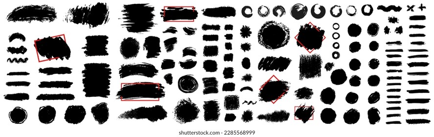 Big collection of black paint, ink brush strokes, brushes, lines. Elements, boxes, frames. Vector illustration.