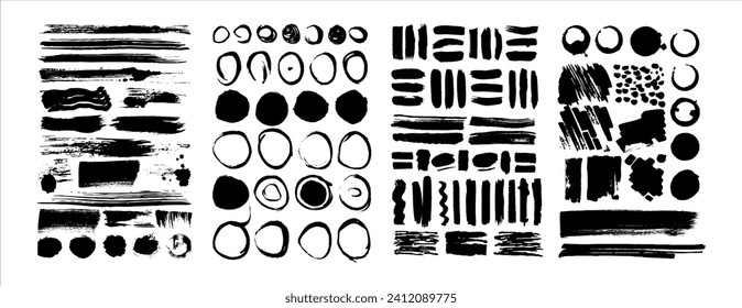 Big collection of black paint, ink brush strokes, brushes, lines, and stains.