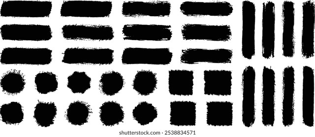 Big collection of black paint, ink brush strokes, brushes, lines, grungy. Dirty artistic design elements, boxes, frames. Vector illustration. Isolated on white background. Freehand drawing.