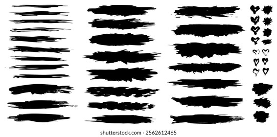 Big collection of black paint, ink brush strokes, brushes, lines, grungy. Dirty artistic design elements, boxes, frames. Vector illustration. Isolated on white background. Freehand drawing.