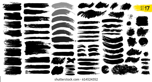 Big collection of black paint, ink brush strokes, brushes, lines. Dirty artistic design elements, boxes, frames. Vector illustration. Isolated on white background. Freehand drawing.