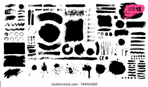 Big collection of black paint, ink brush strokes, brushes, lines, grungy. Dirty artistic design elements, boxes, frames. Vector illustration. Isolated on white background. Freehand drawing.