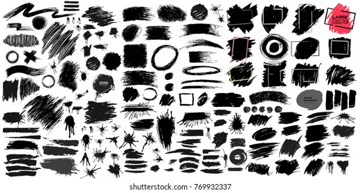 Big collection of black paint, ink brush strokes, brushes, lines, grungy. Dirty artistic design elements, boxes, frames. Vector illustration. Isolated on white background. Freehand drawing.