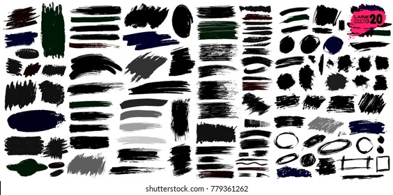 Big collection of black paint, ink brush strokes, brushes, lines, grungy. Dirty artistic design elements, boxes, frames. Vector illustration. Isolated on white background. Freehand drawing