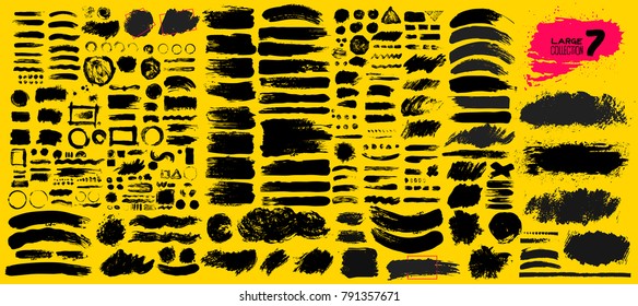 Big collection of black paint, ink brush strokes, brushes, lines, grungy. Dirty artistic design elements, boxes, frames. Vector illustration. Isolated on yellow background. Freehand drawing
