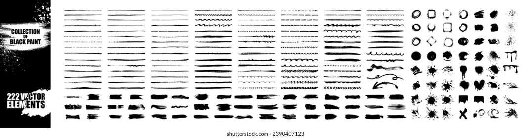 Big collection of black paint. Rectangle,square and round freehand drawings. Ink splatters, grungy painted lines, artistic design elements