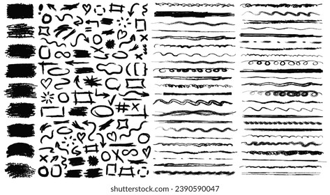 Big collection of black raw textured sketch elements on white background. Doodle rough grunge underline markers, text boxes, brush strokes, hand drawn frames, arrows, emphasis, doodle bubbles, etc.
