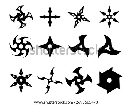 Big collection of Black silhouettes of throwing stars. Vector illustration of a metallic ninja star (shuriken) with sharp, symmetrical blades. Ideal for martial arts designs, icons, or themed artwork.