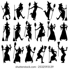 Big collection of black vector silhouettes of witch standing in different poses. Icons of Halloween witches in long skirt and hat with broomstick.