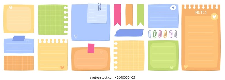 Big collection of blank sheets of color paper, paper clips, stickers. Paper notes for daily planner, blank memo, stickers for to-do list or reminders. Orange, green, blue and yellow paper.
