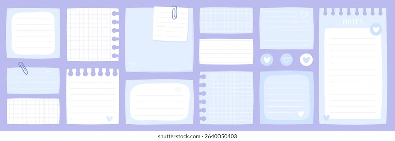 Big collection of blank sheets of paper, paper clips, stickers. Paper notes for daily planner, blank memo, stickers for to-do list or reminders. White paper with a checkered or striped pattern. 