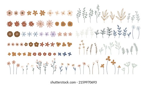 Big collection with blooming flowers, branches and leaves in flat style isolated on white. Botanical set for prints, cards and posters. Charming floral elements. Hand drawn cute vector illustration