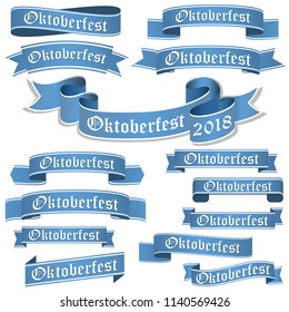 big collection of blue colored banners isolated on white background for german Oktoberfest 2018