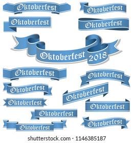 big collection of blue colored banners isolated on white background for german Oktoberfest 2018