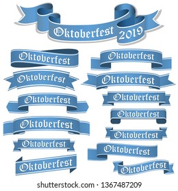 big collection of blue colored banners isolated on white background for german Oktoberfest 2019