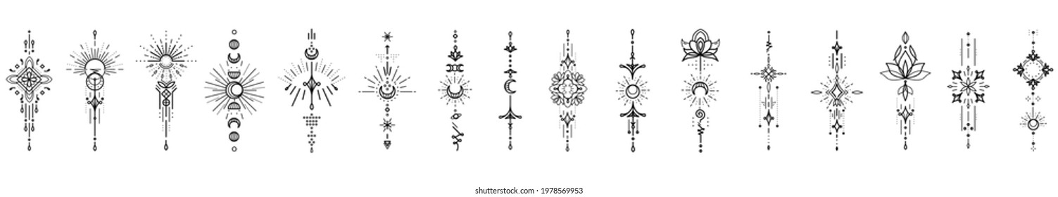 Big collection of bohemian linear symbols: sun, moon, sunburst, star, lotus flower. Geometric outline vertical ornamental  elements for decoration, vector isolated on white