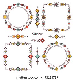 Big collection of borders and frames. Abstract and geometric ethnic ornament made in clean style. Background design vector, hand drawn elements. Colorful objects