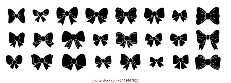 Big collection of bow silhouettes. Hand drawn vector art.
