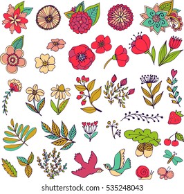 Big collection with branches, flowers and herbs with leaves. Black silhouettes isolated on white background. Set of hand drawn vector decorative elements for your design.