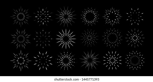 Big collection of bright fireworks and sunbursts on black background