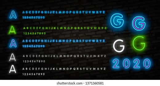 Big Collection of Bright Neon Alphabet Letters, Numbers and Symbols Sign in Vector. Night Show. Night Club. Neon illustration