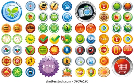 Big Collection of brightly colored web elements or sticker for products - graphic illustration. Set of design element, vector labels for quality warranty. Perfect for adding your own text or icons.