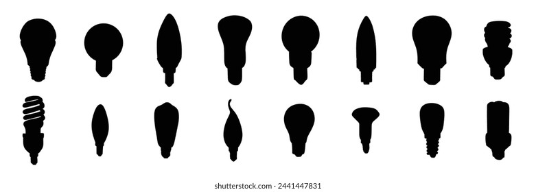 Big collection of bulb light silhouettes. Hand drawn vector art.