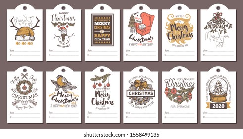 Big collection or bundle of christmas cards, posters, covers, labels and emblems. Drawing festive holiday party invitations and greeting postcards with vector santa hat, bullfinch, mistletoe