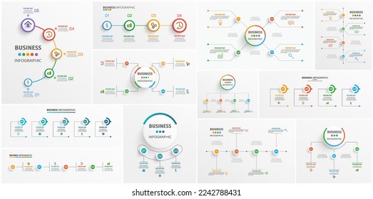 Große Sammlung von Infografik-Design-Vorlagen für Unternehmen mit Optionen, Schritten oder Prozessen. Kann für das Workflow-Layout, Diagramm, Zahlenoptionen, Webdesign verwendet werden  