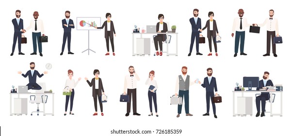 Big collection of business people or office workers dressed in smart clothing in different situations - making deal, conducting negotiation, working. Colorful cartoon characters. Vector illustration.