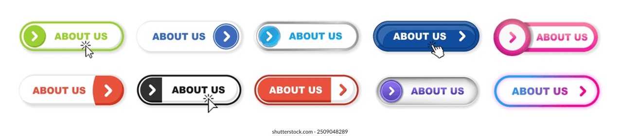  Big collection buttons About us. Different colorful button set on transparent background. 